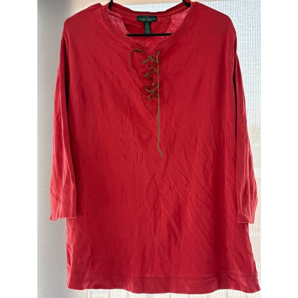 LRL Lauren jeans Ralph Lauren Tunic Top Womens Regular XL Red Lace-Up Split neck